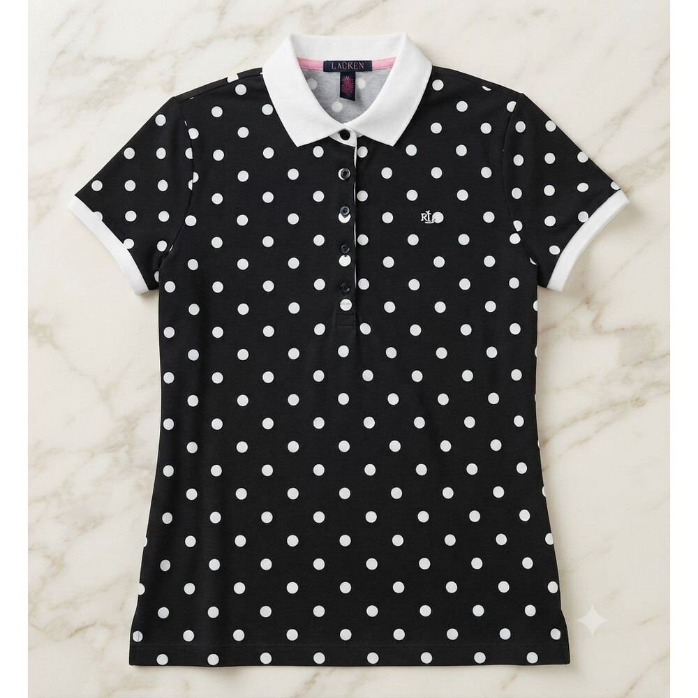 Lauren Ralph Lauren Womens L Polka Dot Polo Shirt Black White Stretch Cotton Top